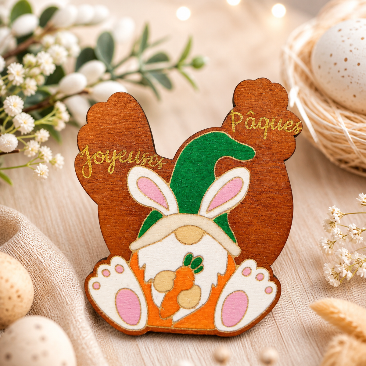 Badge représentant le mois d'Avril par un gnome déguisé en lapin et une poule.