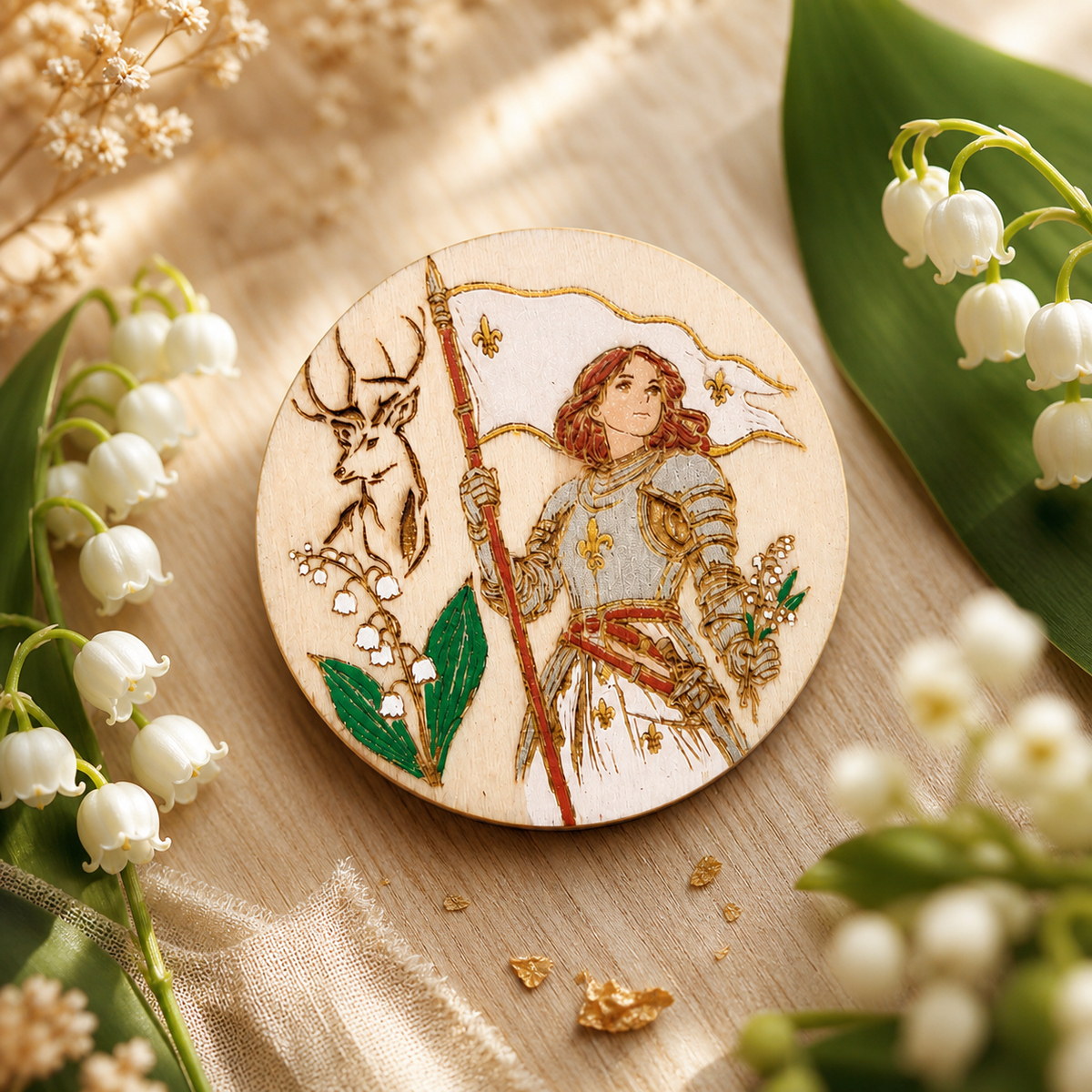 Badge représentant le mois de Mai avec une illustration de Jeanne d'Arc, un brin de muguet.