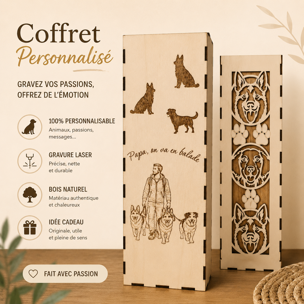 Coffret pour bouteille personnalisé, thème chien.