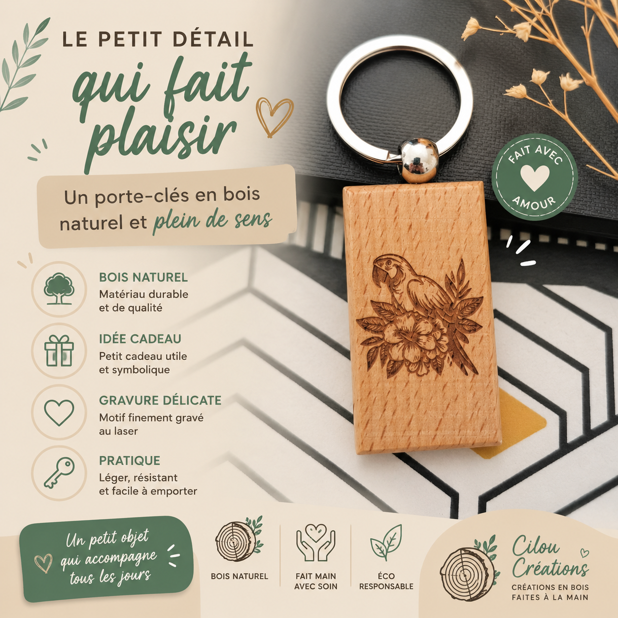 Porte clef bois, forme rectangulaire.