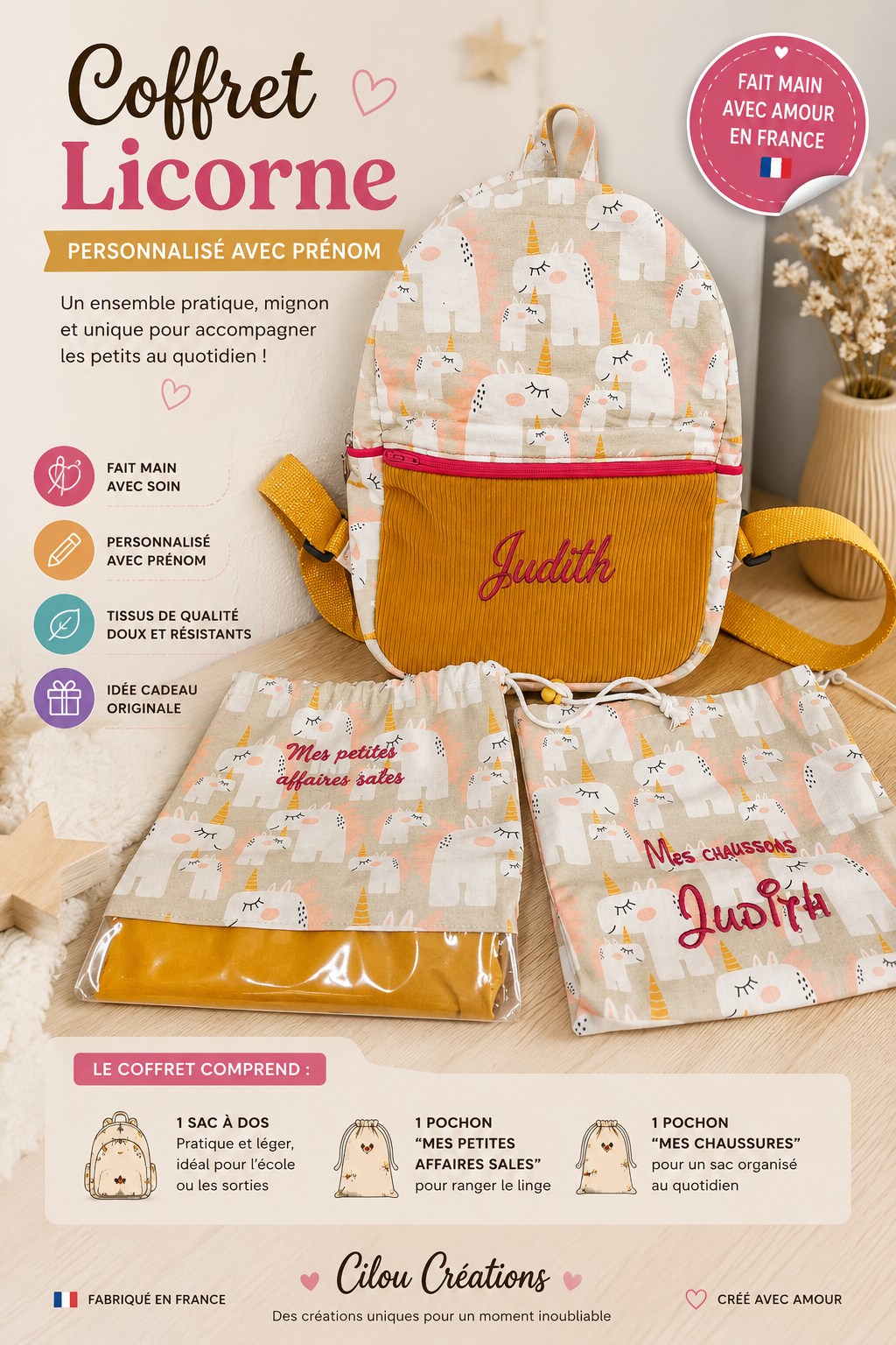 Ensemble sac à dos avec ses pochettes pour chaussons et linges sales.