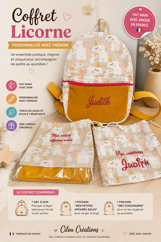 Ensemble sac à dos avec ses pochettes pour chaussons et linges sales.